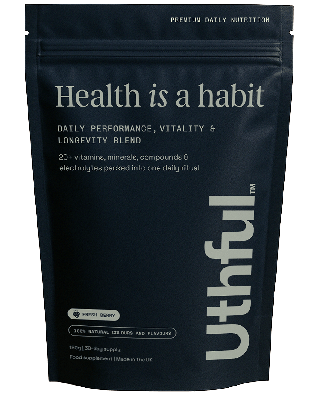 Uthful's Daily Performance Vitality and Longevity Blend contains 24 vitamins, minerals, compounds, and electrolytes in one quick daily ritual